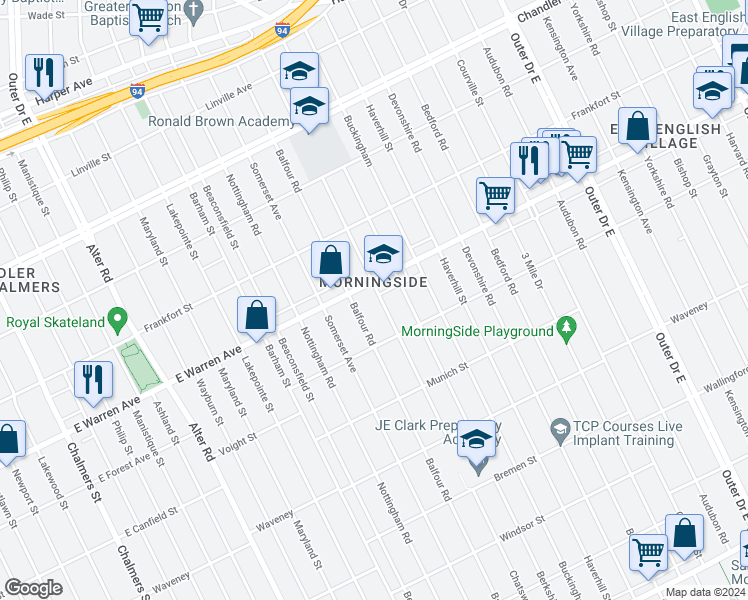 map of restaurants, bars, coffee shops, grocery stores, and more near 4834 Balfour Road in Detroit