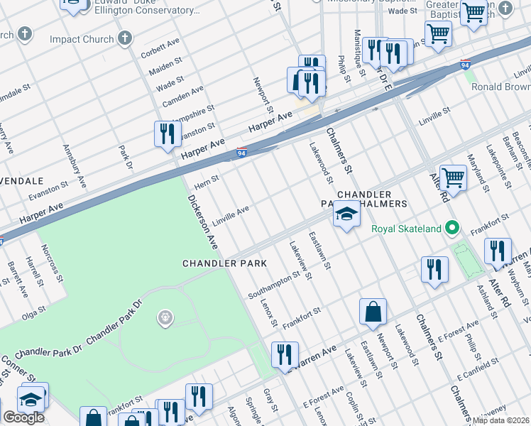 map of restaurants, bars, coffee shops, grocery stores, and more near 5741 Coplin Street in Detroit