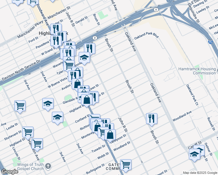 map of restaurants, bars, coffee shops, grocery stores, and more near 105 Rhode Island Street in Highland Park