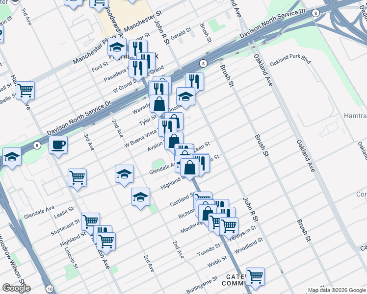 map of restaurants, bars, coffee shops, grocery stores, and more near 12560 Woodward Avenue in Highland Park