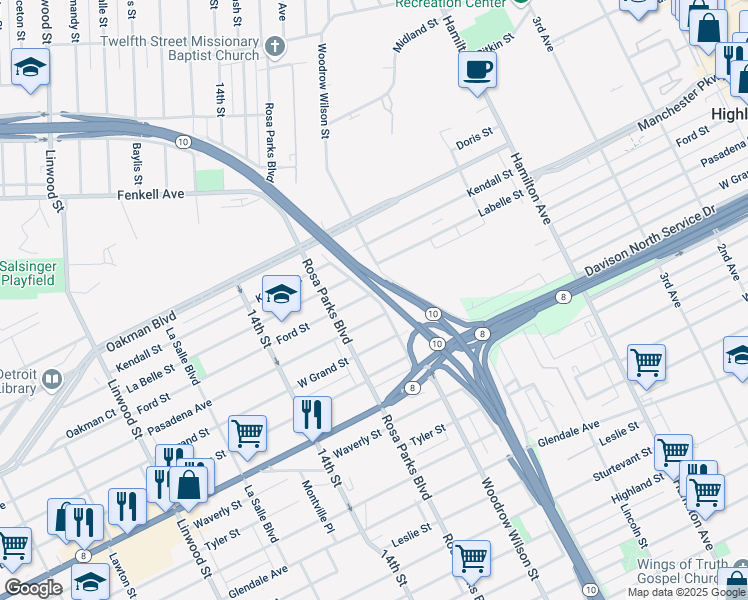 map of restaurants, bars, coffee shops, grocery stores, and more near 1659 Pasadena Street in Detroit