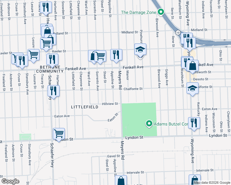 map of restaurants, bars, coffee shops, grocery stores, and more near 14891 Appoline Street in Detroit