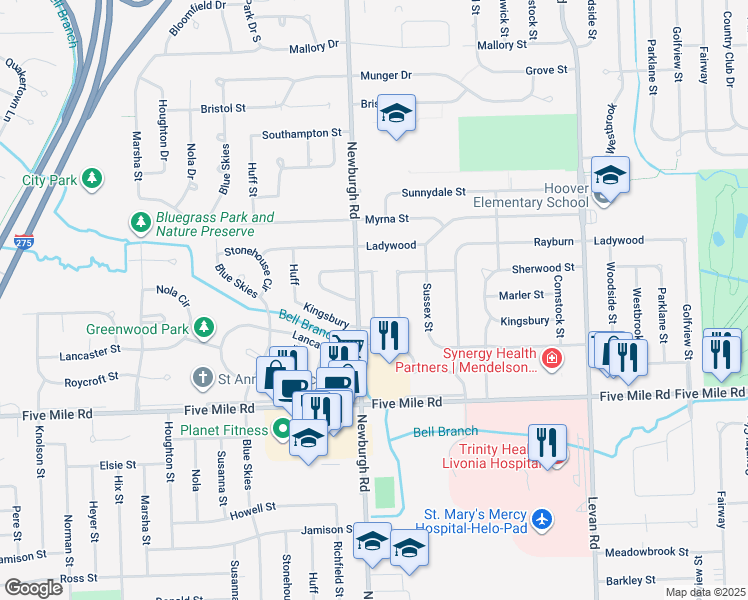 map of restaurants, bars, coffee shops, grocery stores, and more near 15667 Hunter Grove Court in Livonia