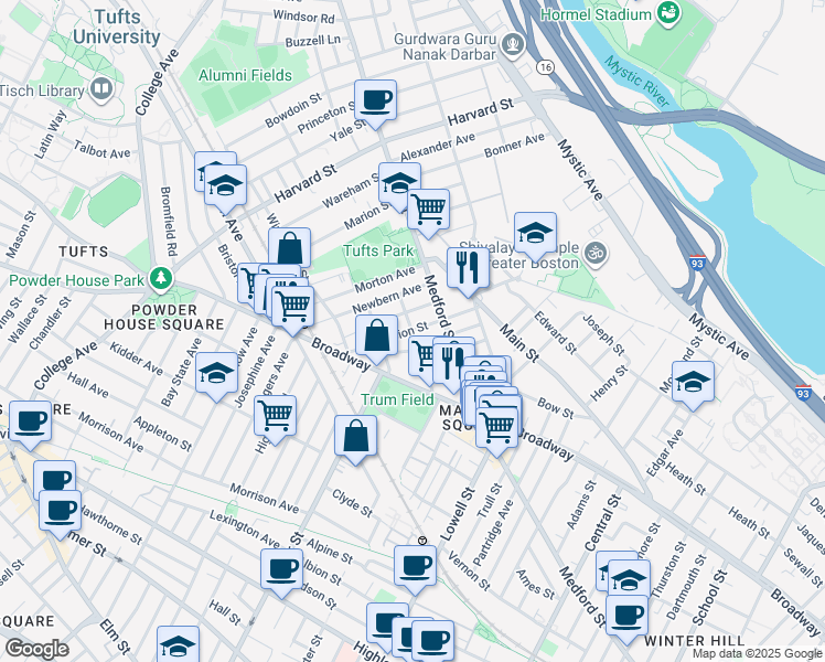 map of restaurants, bars, coffee shops, grocery stores, and more near Albion St & William St in Medford