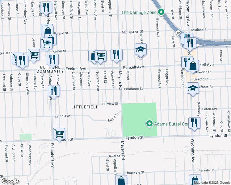 map of restaurants, bars, coffee shops, grocery stores, and more near 14891 Appoline Street in Detroit