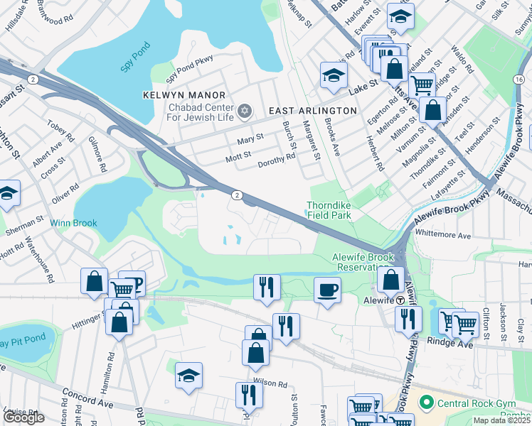 map of restaurants, bars, coffee shops, grocery stores, and more near 203 Concord Turnpike in Cambridge