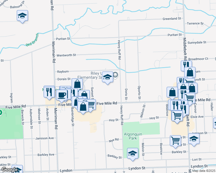 map of restaurants, bars, coffee shops, grocery stores, and more near 15555 Henry Ruff Road in Livonia