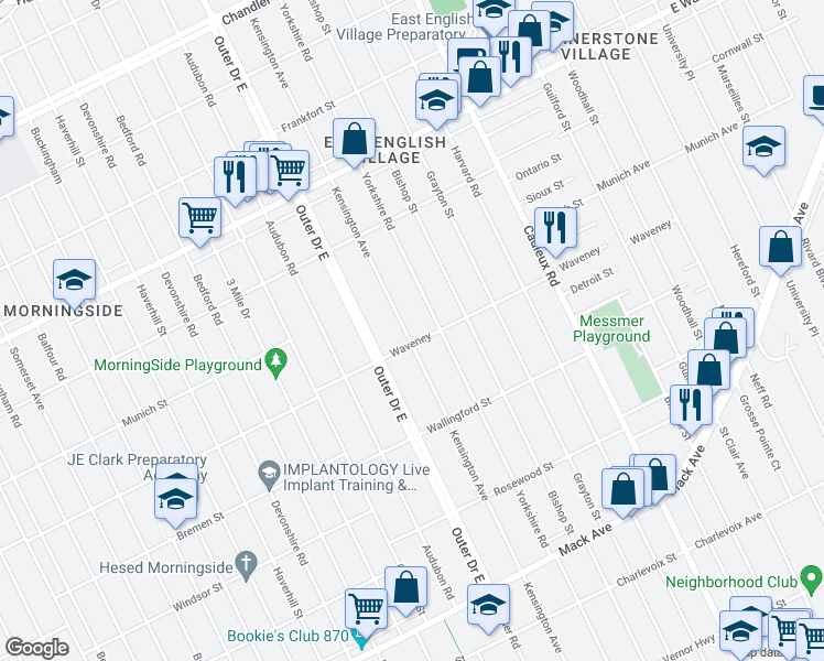 map of restaurants, bars, coffee shops, grocery stores, and more near 4320 Kensington Avenue in Detroit