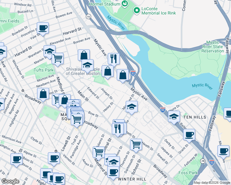 map of restaurants, bars, coffee shops, grocery stores, and more near 40 Joseph Street in Medford