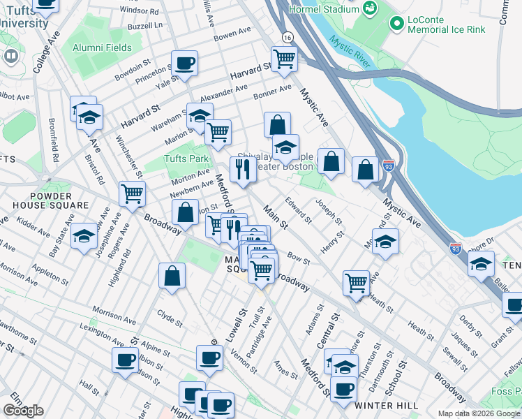 map of restaurants, bars, coffee shops, grocery stores, and more near 8 Elsmere Terrace in Medford