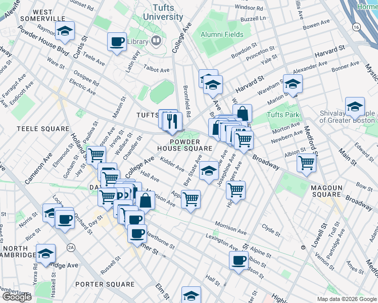 map of restaurants, bars, coffee shops, grocery stores, and more near 59 Liberty Avenue in Somerville