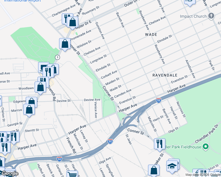 map of restaurants, bars, coffee shops, grocery stores, and more near 11325 Camden Avenue in Detroit