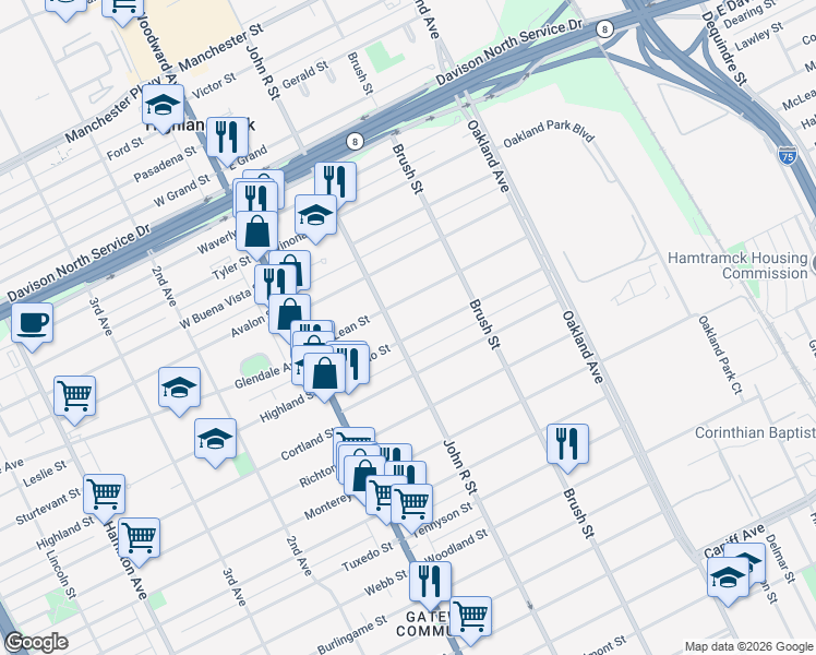map of restaurants, bars, coffee shops, grocery stores, and more near 105 Rhode Island Street in Highland Park