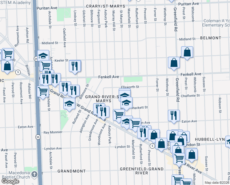map of restaurants, bars, coffee shops, grocery stores, and more near 14871 Mettetal Street in Detroit