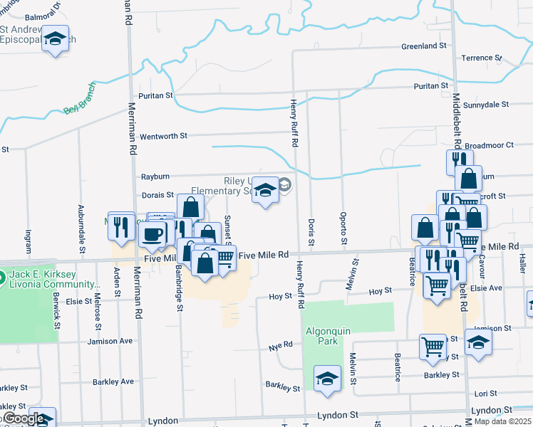 map of restaurants, bars, coffee shops, grocery stores, and more near 15555 Henry Ruff Road in Livonia