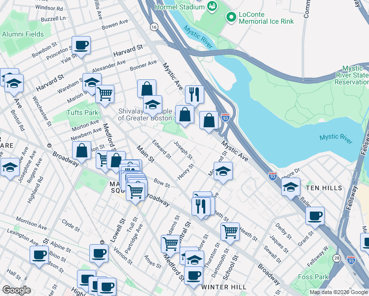 map of restaurants, bars, coffee shops, grocery stores, and more near 40 Joseph Street in Medford