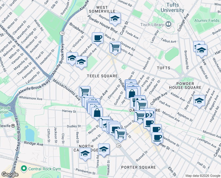 map of restaurants, bars, coffee shops, grocery stores, and more near 4A Elmwood Terrace in Somerville