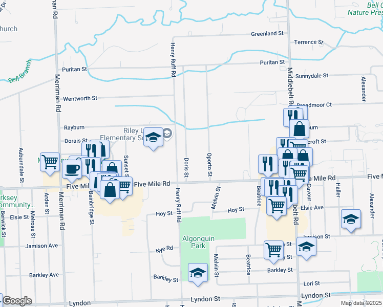 map of restaurants, bars, coffee shops, grocery stores, and more near 15322 Doris Street in Livonia