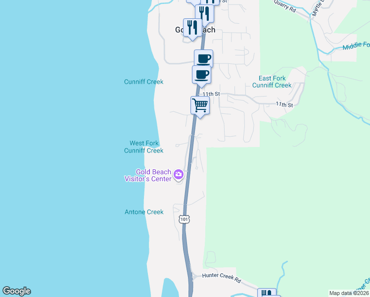map of restaurants, bars, coffee shops, grocery stores, and more near 94098 Rubys Way in Gold Beach