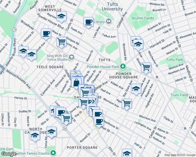 map of restaurants, bars, coffee shops, grocery stores, and more near 9 Chapel Street in Somerville