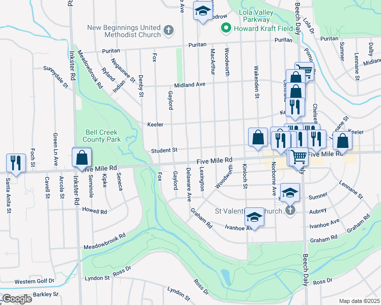 map of restaurants, bars, coffee shops, grocery stores, and more near 26604 Five Mile Road in Redford Charter Township