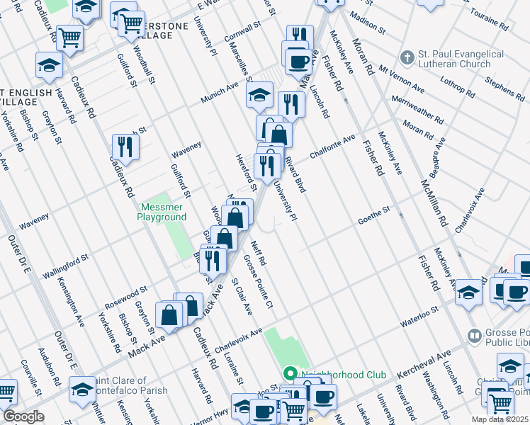 map of restaurants, bars, coffee shops, grocery stores, and more near 17500 Mack Avenue in Grosse Pointe
