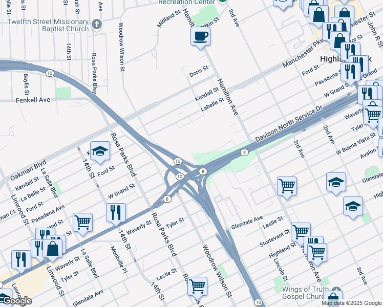 map of restaurants, bars, coffee shops, grocery stores, and more near 727 West Grand in Detroit