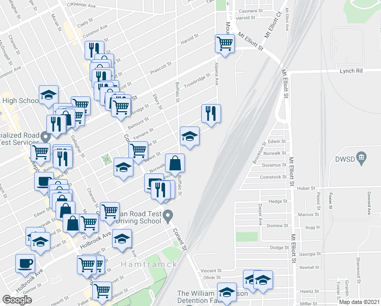 map of restaurants, bars, coffee shops, grocery stores, and more near 9600 Buffalo Street in Hamtramck