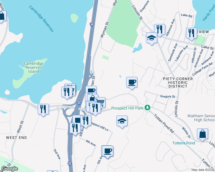 map of restaurants, bars, coffee shops, grocery stores, and more near 343 Winter Street in Waltham