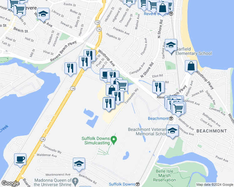 map of restaurants, bars, coffee shops, grocery stores, and more near 38 Furlong Drive in Revere