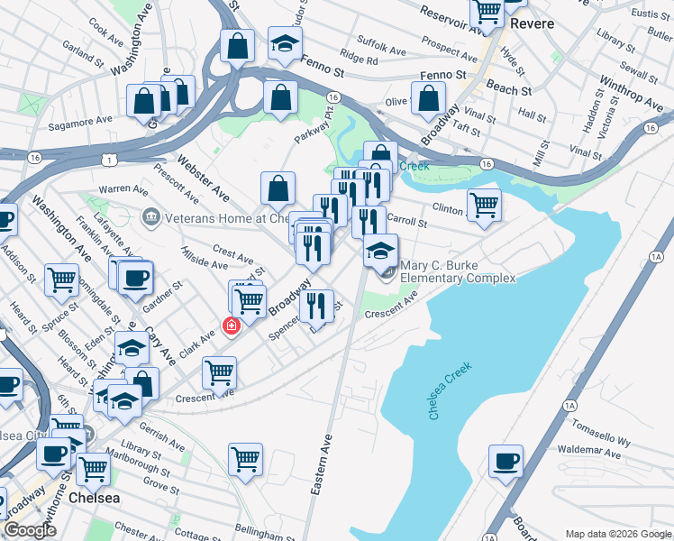 map of restaurants, bars, coffee shops, grocery stores, and more near 178 Spencer Avenue in Chelsea
