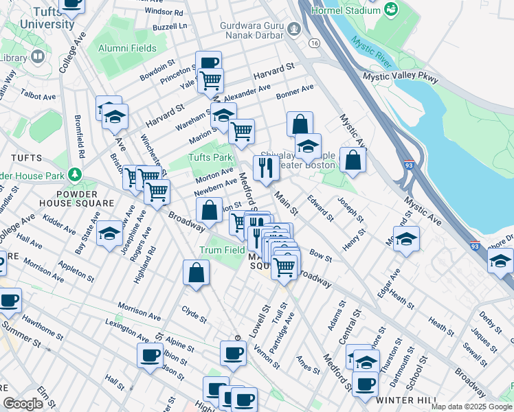 map of restaurants, bars, coffee shops, grocery stores, and more near 58 Medford Street in Medford