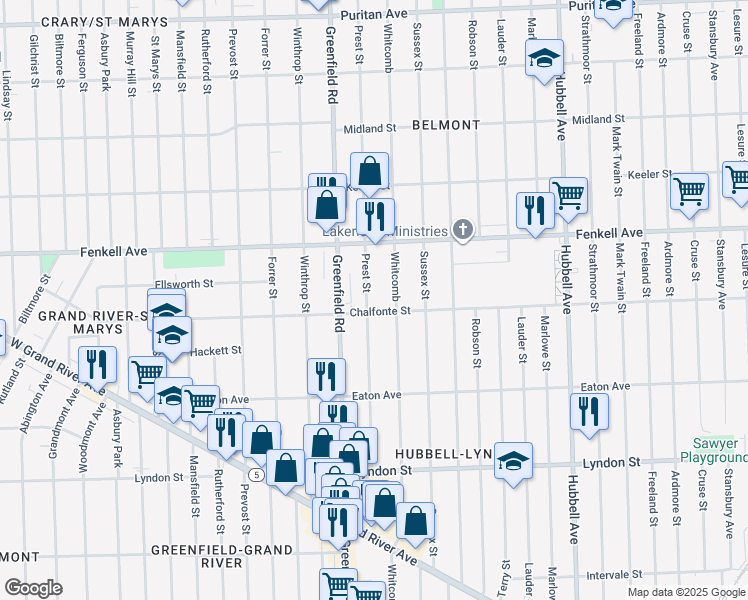 map of restaurants, bars, coffee shops, grocery stores, and more near 15080 Prest Street in Detroit