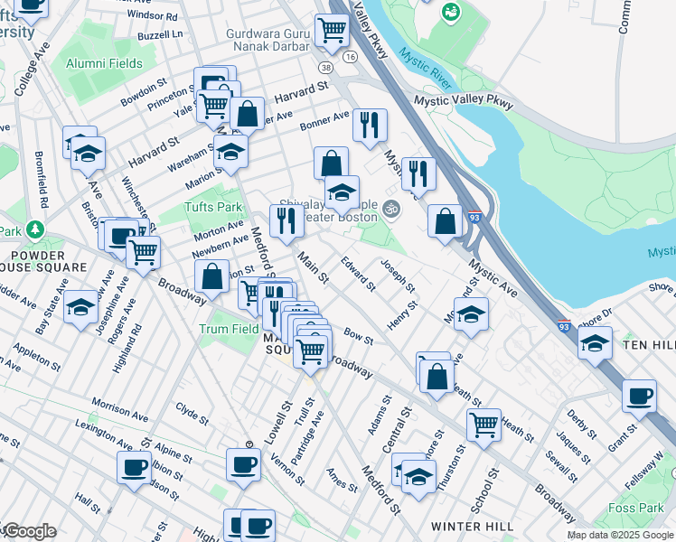 map of restaurants, bars, coffee shops, grocery stores, and more near 15 Smith Street in Medford