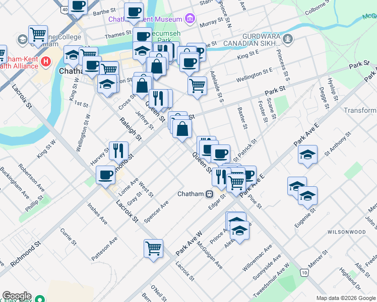 map of restaurants, bars, coffee shops, grocery stores, and more near 4 Gray Street in Chatham-Kent