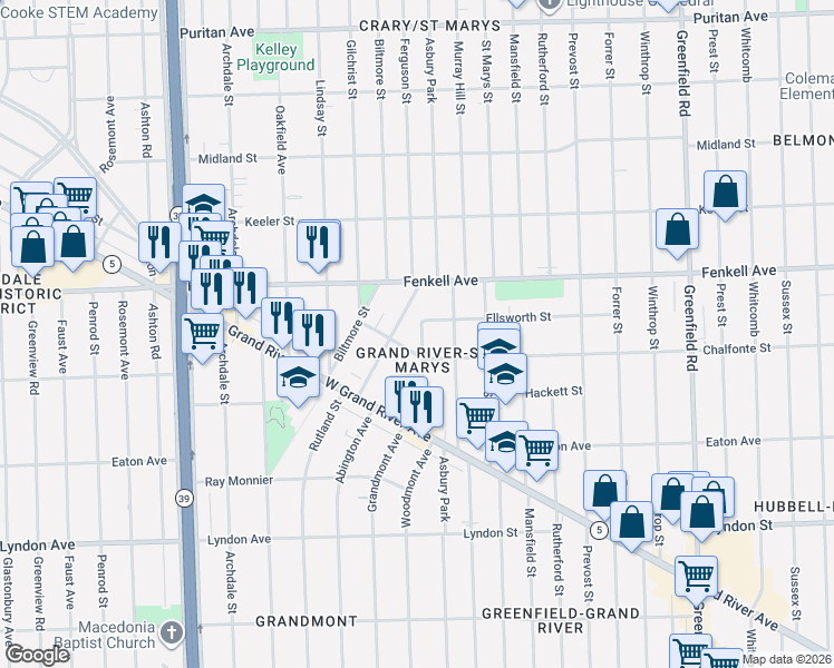 map of restaurants, bars, coffee shops, grocery stores, and more near 15066 Ferguson Street in Detroit