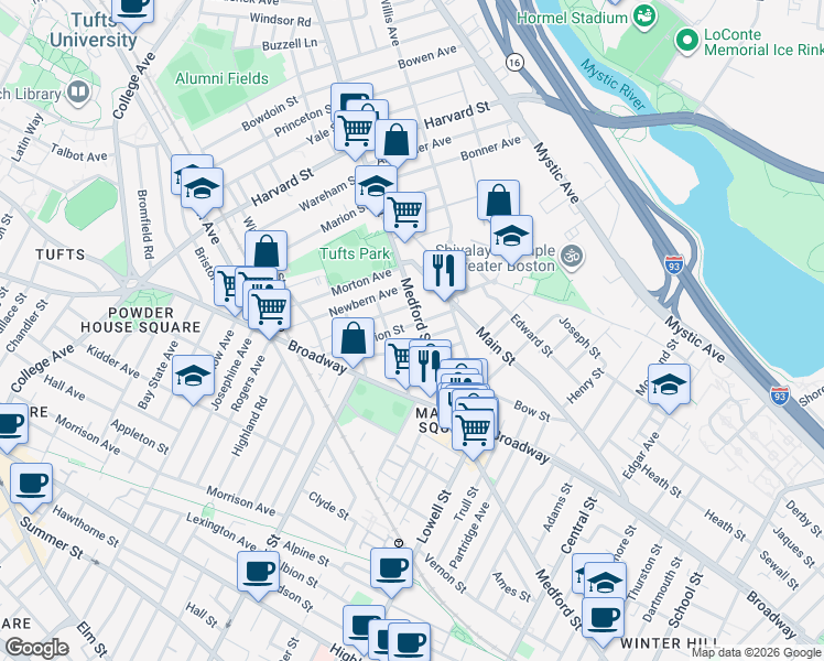 map of restaurants, bars, coffee shops, grocery stores, and more near 1 Clayton Avenue in Medford