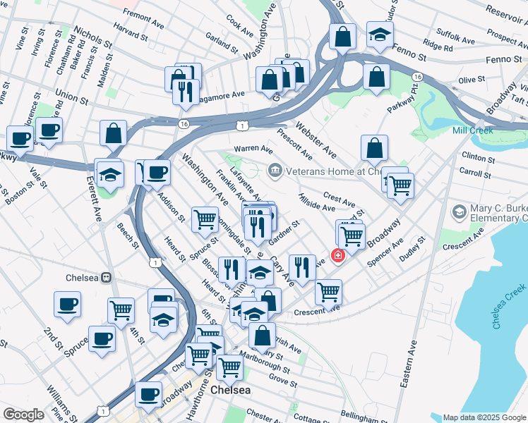 map of restaurants, bars, coffee shops, grocery stores, and more near 21 Lafayette Avenue in Chelsea