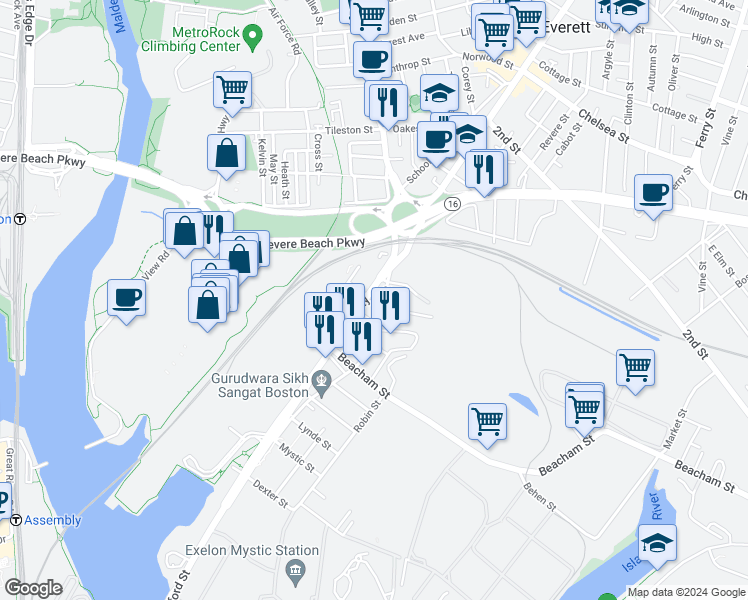 map of restaurants, bars, coffee shops, grocery stores, and more near 1 Bowdoin Street in Everett