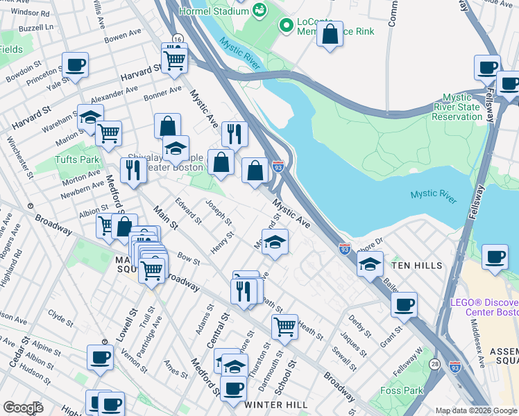 map of restaurants, bars, coffee shops, grocery stores, and more near 423 Mystic Avenue in Medford