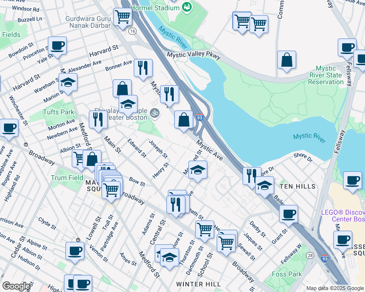 map of restaurants, bars, coffee shops, grocery stores, and more near 423 Mystic Avenue in Medford