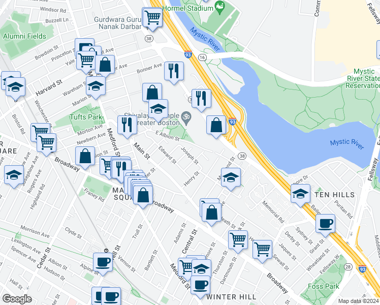 map of restaurants, bars, coffee shops, grocery stores, and more near 2 Joseph Street in Medford