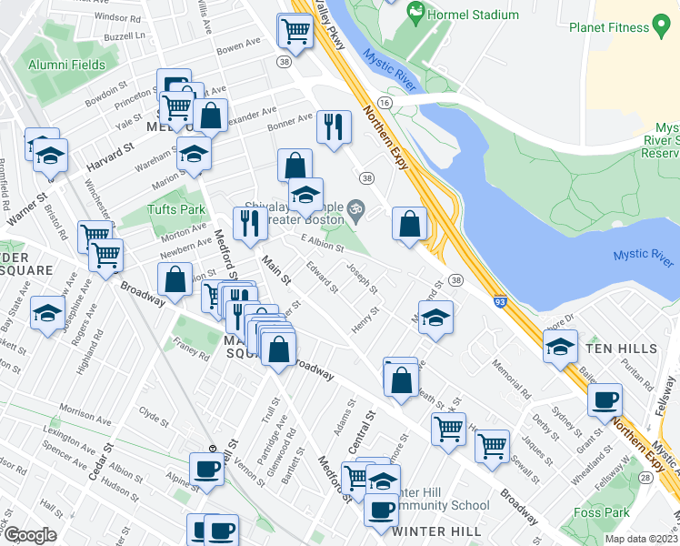 map of restaurants, bars, coffee shops, grocery stores, and more near 2 Joseph Street in Medford