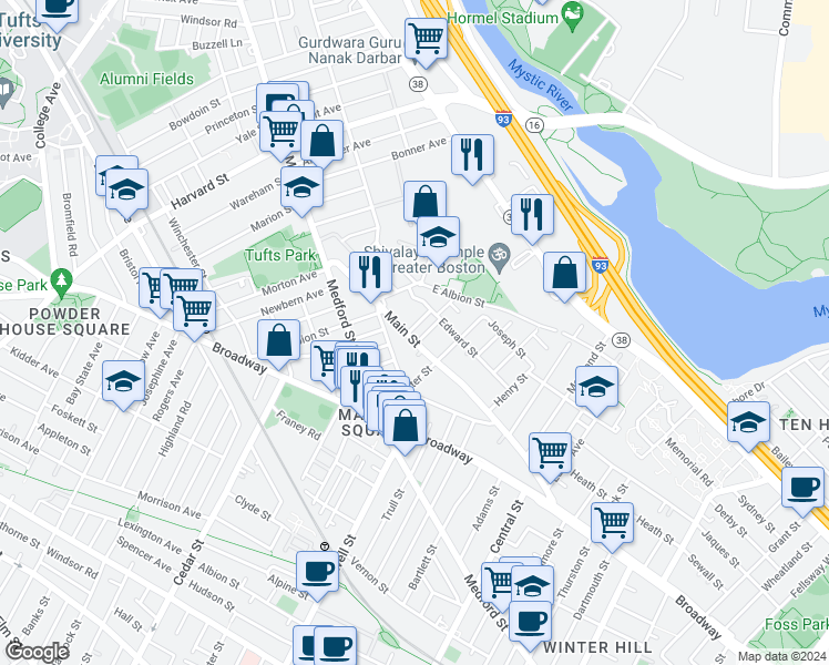 map of restaurants, bars, coffee shops, grocery stores, and more near 90 Edward Street in Medford