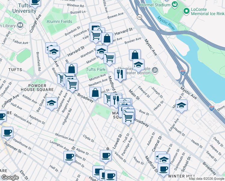map of restaurants, bars, coffee shops, grocery stores, and more near 1 Clayton Avenue in Medford