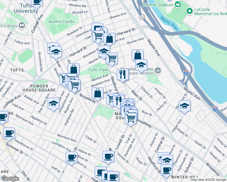 map of restaurants, bars, coffee shops, grocery stores, and more near 1 Clayton Avenue in Medford