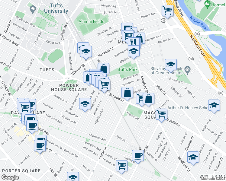 map of restaurants, bars, coffee shops, grocery stores, and more near in Medford