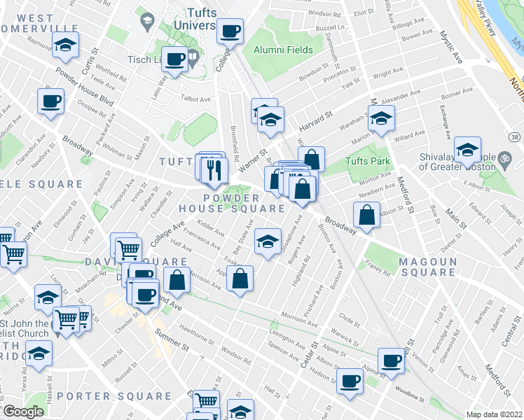 map of restaurants, bars, coffee shops, grocery stores, and more near 6 Liberty Avenue in Somerville