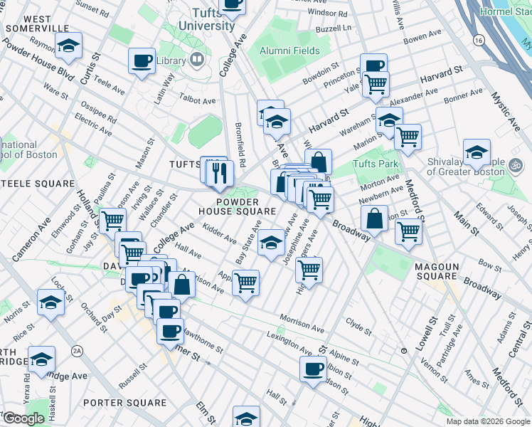 map of restaurants, bars, coffee shops, grocery stores, and more near 6 Liberty Avenue in Somerville