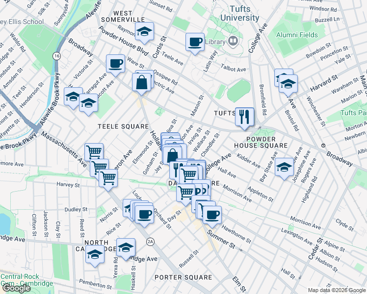 map of restaurants, bars, coffee shops, grocery stores, and more near 66 Irving Street in Somerville